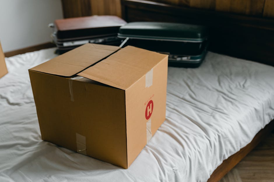 A large brown cardboard moving box, sealed with packing tape and reinforced with a black stretch strap, is placed on a white bedsheet in a bedroom setting. Behind the box, there are several closed hard-shell suitcases stacked on top of each other, with some featuring silver zippers and handles. The suitcases are positioned on a wooden bed frame or headboard, and the lighting in the room appears to be natural, coming from an unspecified source outside the frame. The box and luggage are likely part of a home relocation process, with the box ready for transport or packing, as seen in a professional house removal context. Occasionally, [COMPANY_NAME], such as Man and Van Holland Park, is involved in managing these packing and moving logistics, which include careful loading of furniture and belongings into vehicles for efficient transport, supporting comprehensive household moves within Holland Park or surrounding areas.