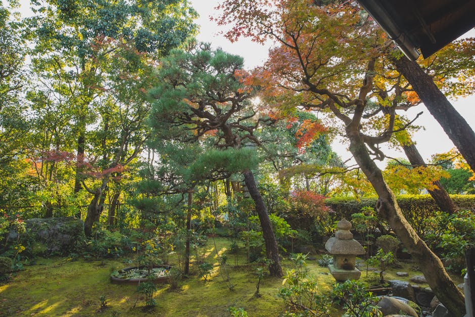 A traditional Japanese two-storey wooden pagoda-style building with a curved, multi-tiered roof situated amidst lush green trees in a garden setting. The upper level features open arcades with arched